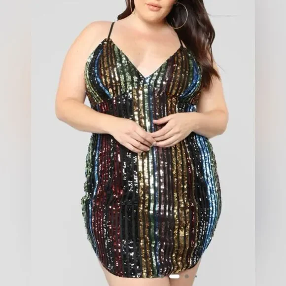 Fashion Nova Black and Green Sequin striped Dress adjustable straps NWT size L - Picture 5 of 16